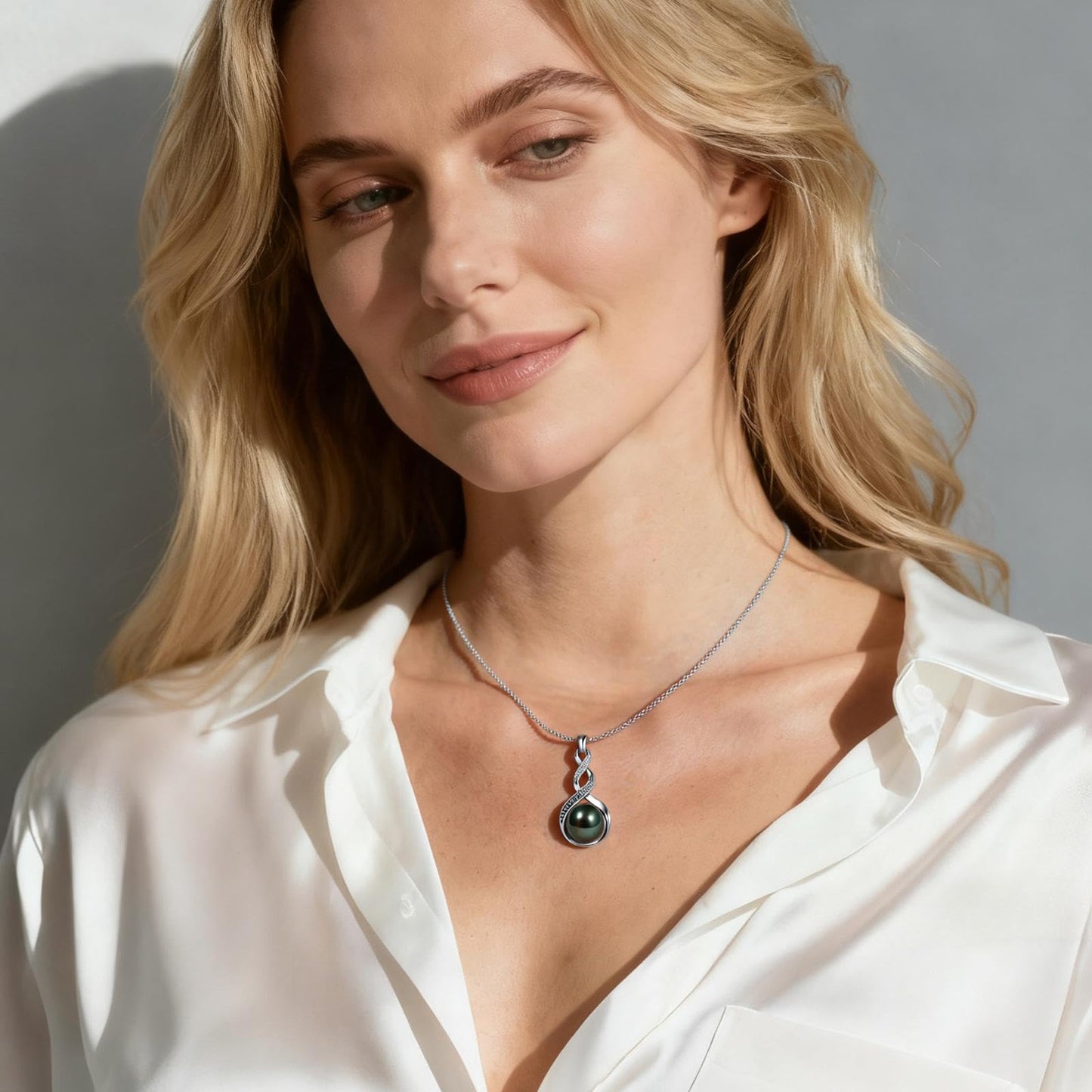 Genuine Tahitian Black Pearl Necklace - Christmas Gift for Wife Mom Daughter, Jewelry Gifts for Anniversary Wedding Birthday, 9-10mm Seawater Pearl with Sterling Silver Moissanite Infinity Pendant
