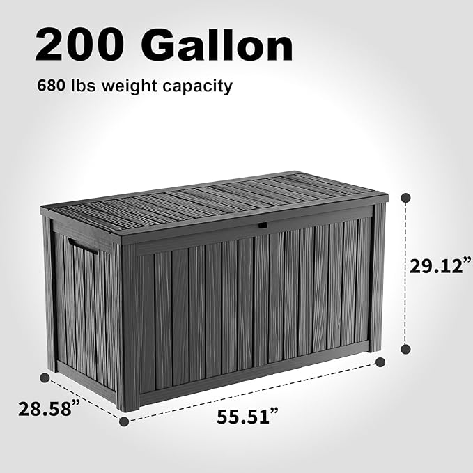 DRATO 200 Gallon Deck Box, Waterproof Resin Large Outdoor Storgae Box for Patio Furniture, Patio Cushions, Gardening Tools, Pool Supplies, Lockable（Black，200 Gallon）