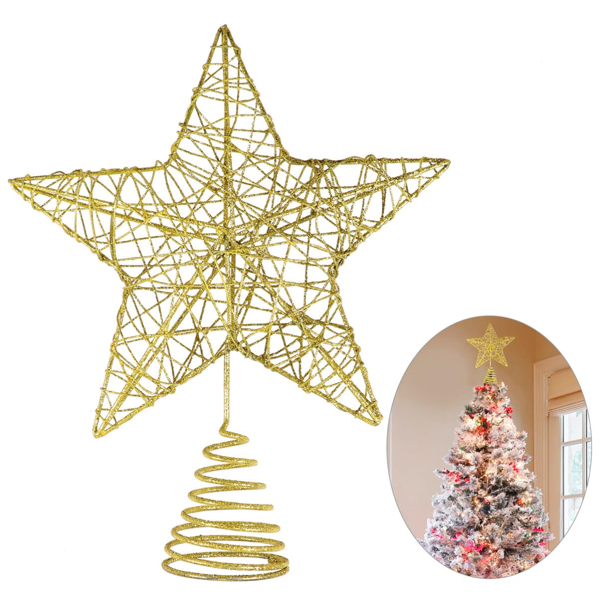 Unomor 10 Inch Christmas Star Tree Toppers – Gold Glittered Metal Hallow Design Tree Topper Star for 6ft to 7ft Christmas