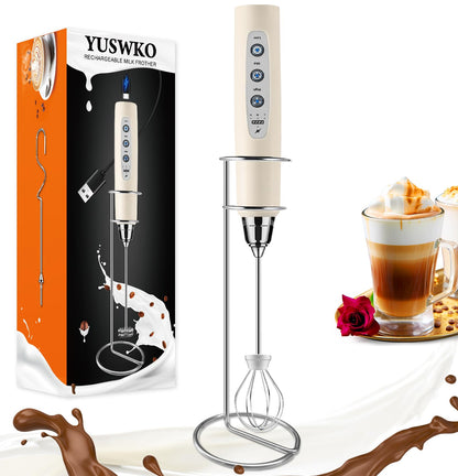 YUSWKO Black Handheld Milk Frother Wand for Coffee, Rechargeable Electric Whisk with 3 Heads 3 Speeds Drink Mixer Coffee Frother For Latte, Cappuccino, Hot Chocolate, Egg