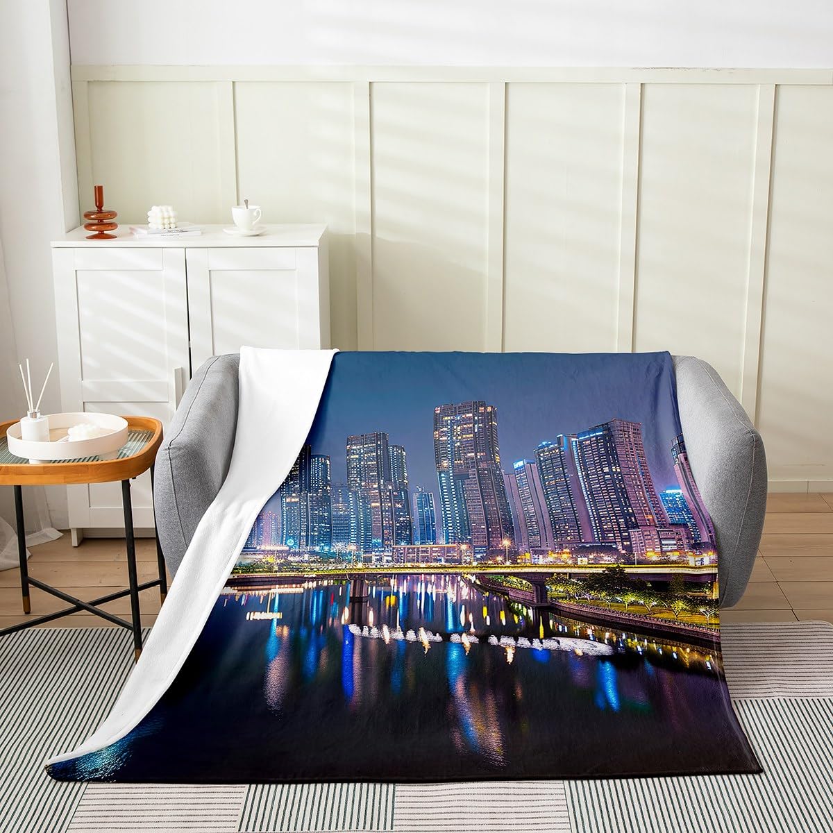 Erosebridal American Cityscape Blanket,Modern City Building Throw Blanket for Man,Famous Urban Fleece Blanket Lightweight,City Lights Flannel Blanket Twin 60x80 Inch