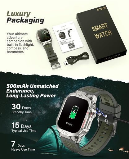 SOUYIE Smart Watch for Men with LED Flashlight, 2.02" HD Display Rugged Outdoor Sport Smartwatch with Compass/Altimeter/Barometer, Waterproof Fitness Tracker, Heart Rate Sleep Monitor for iOS Android