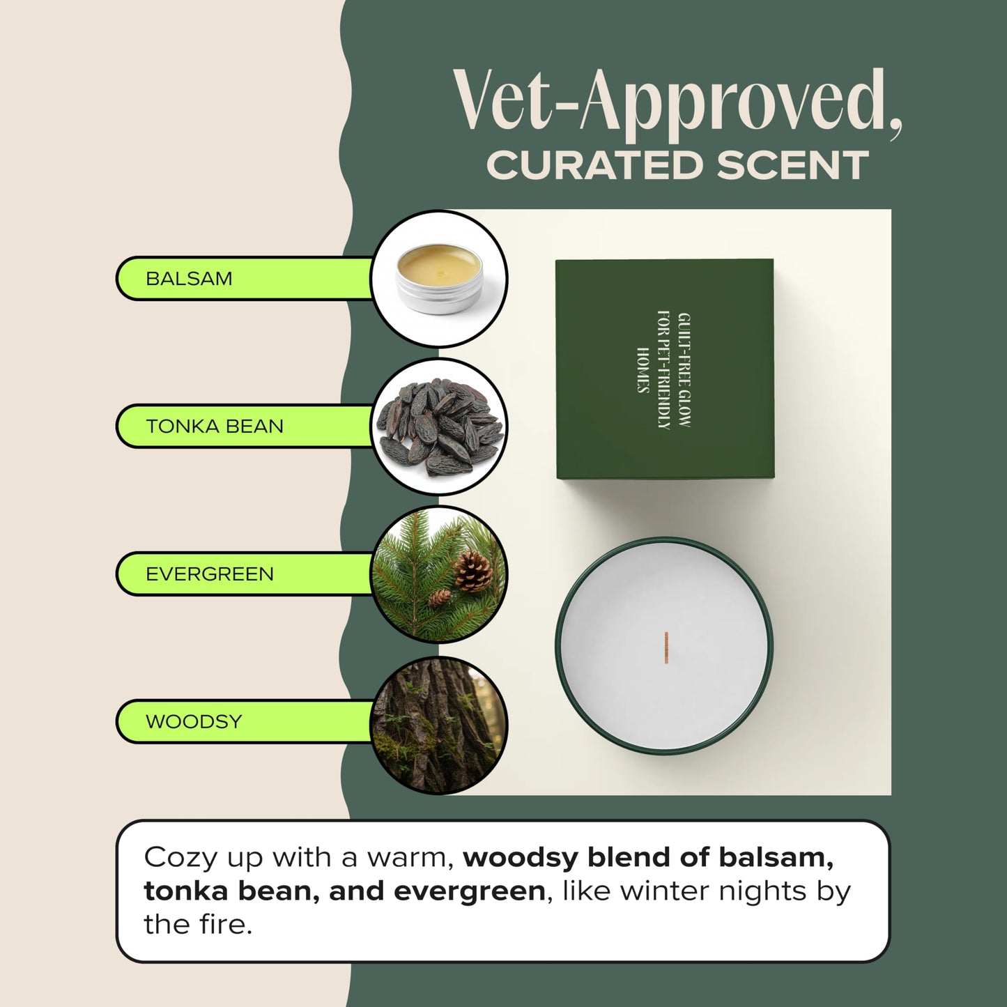Companion Candles Snuggle Season Pet-Friendly Scented Candle – Balsam, Tonka Bean & Evergreen Fragrance - Coconut Soy Wax Candle with Wooden Wick, Approx. 50-Hour Burn Time, Made in USA, 11.8 oz