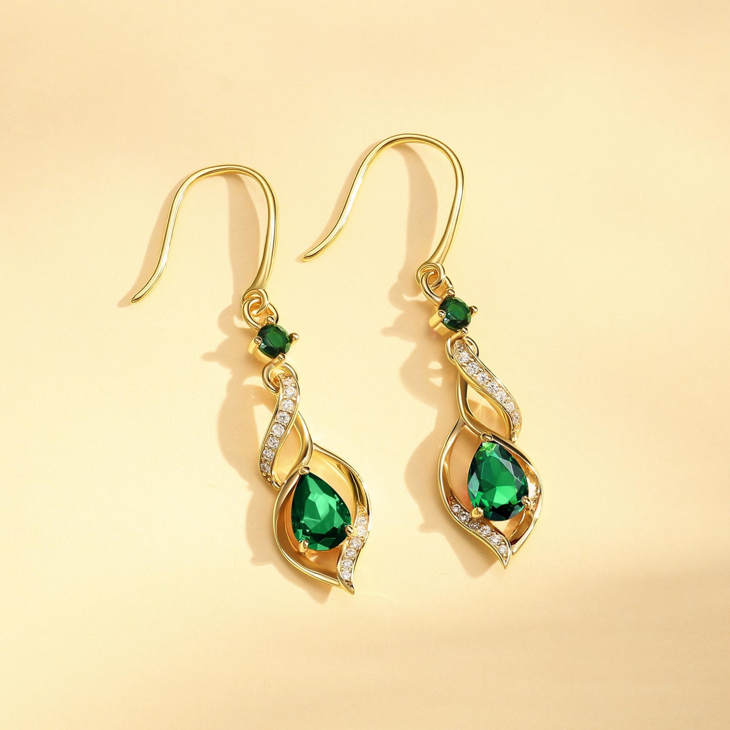FANCIME 14K Gold Plated May Birthstone Dangle Earrings for Women Teardrop Emerald Earrings S925 Sterling Silver infinity Love Birthday Gifts for Mom Women