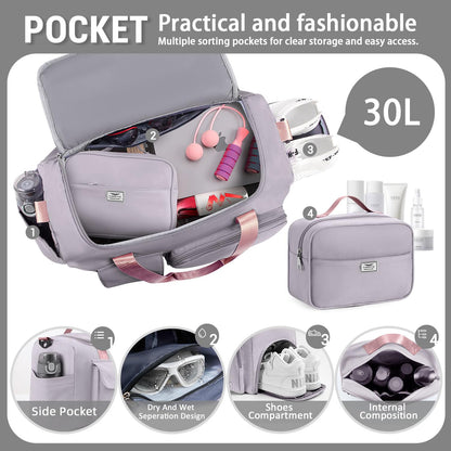 FIORETTO Women's Gym Duffle Bag with Shoes Compartment, 30L Capacity, Ideal for Travel, Gym, Sports, Duffel, Weekender, with Toiletry Bag, Grey & Pink