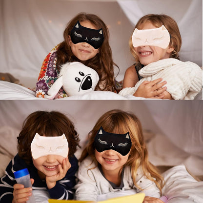 Cute Cat Sleep Mask for Kids, 2 Pack Silk Sleeping Eye Cover Adjustable Mask Night Eyeshade Cover for Girls Boys Women Men Sleep Travel Nap Party Supplies