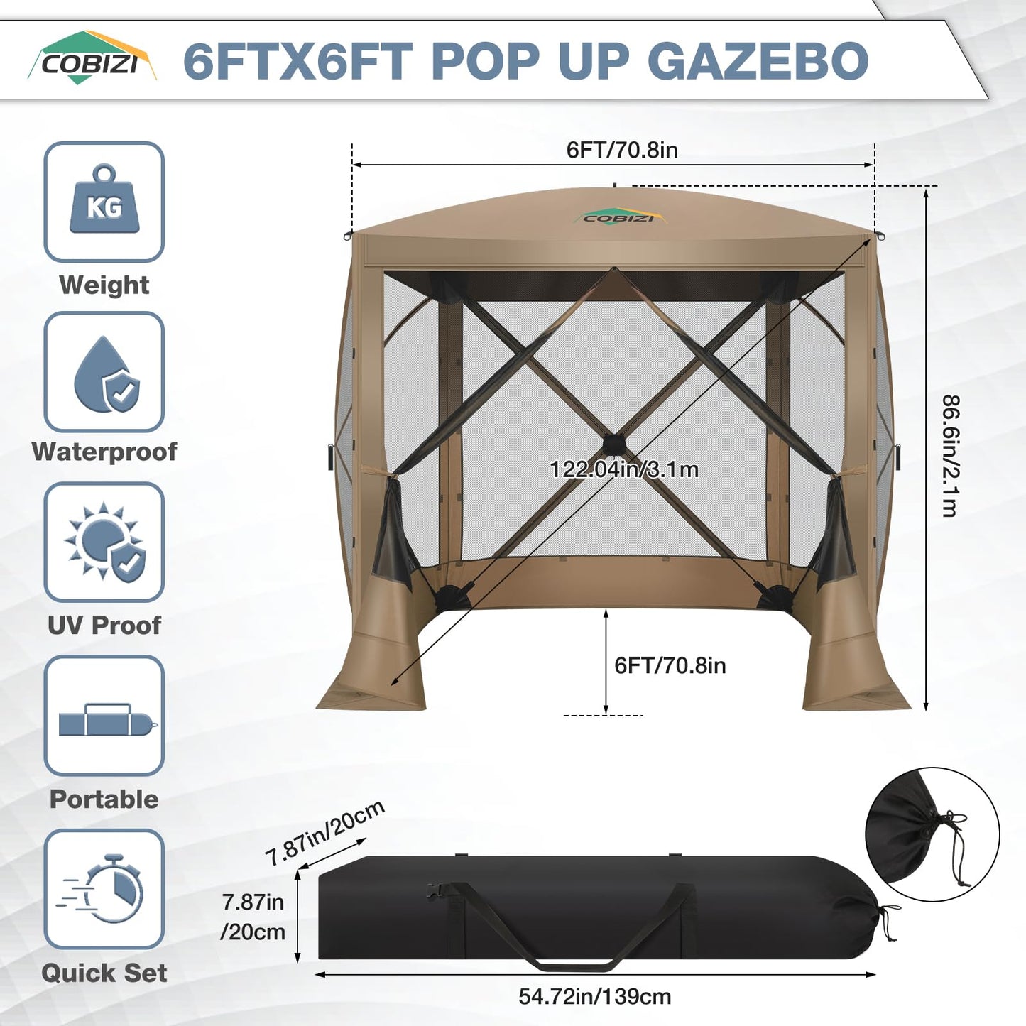 COBIZI Pop Up Gazebo Screen Tent Screen House for Camping, 6FTx6FT Screen Room with Mosquito Netting, Hub Tent Instant Screened Canopy with Carrying Bag and Ground Stakes, Khaki