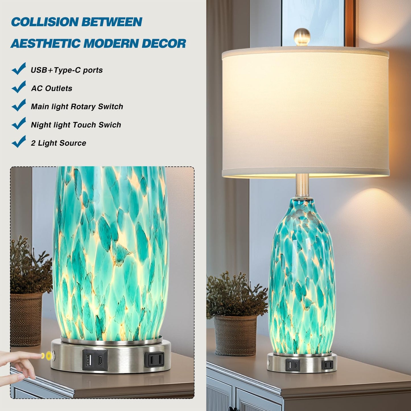 Rinweey 26" Peacock Green Glass Table Lamps Set of 2,Coastal Nautical Bedside Lamps with USB Ports & AC Outlet,Lamparas Elegantes para Cuarto with Night Light for Bedroom Living Room Decoration