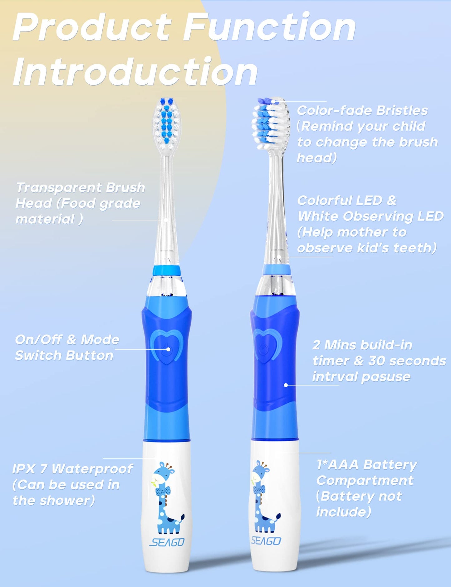 SEAGO Kids Electric Toothbrush with 2 Mins Brushing Timer and 4 Replacement Bursh Heads, Rainbow LED Light Make Brushing Fun, Boys Battery Powerd Toothbrush for 4-12 Years Old，SG-977 (Light Blue)