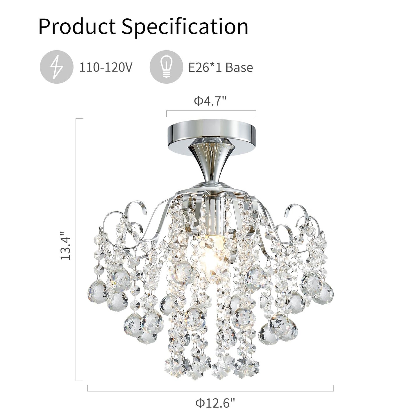 WUZUPS Crystal Chandelier Flushmount Ceiling Light Modern Lighting Fixture for Bedroom Hallway Bar Kitchen Bathroom, H 13.4" x W 12.6", E26 Base, Chrome