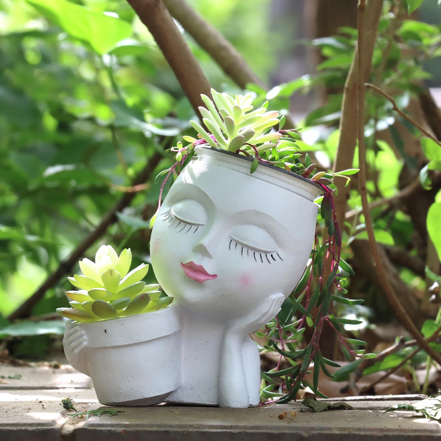 Face Planter Pot, 2-in-1 Resin Head Planter with Mini Pot, Cute Lady Flower Pots with Drainage for Indoor Outdoor Plants, Unique Succulent Cactus Planter, Ideal Gardening Gifts for Women Mom (White)