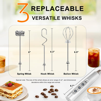 YUSWKO Black Handheld Milk Frother Wand for Coffee, Rechargeable Electric Whisk with 3 Heads 3 Speeds Drink Mixer Coffee Frother For Latte, Cappuccino, Hot Chocolate, Egg
