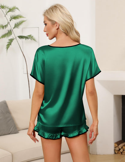 Ekouaer Satin Pajama Set for Women 2 Piece Silk Pjs Soft Short Sleeve Sleepwear Top with Ruffle Shorts S-XXL