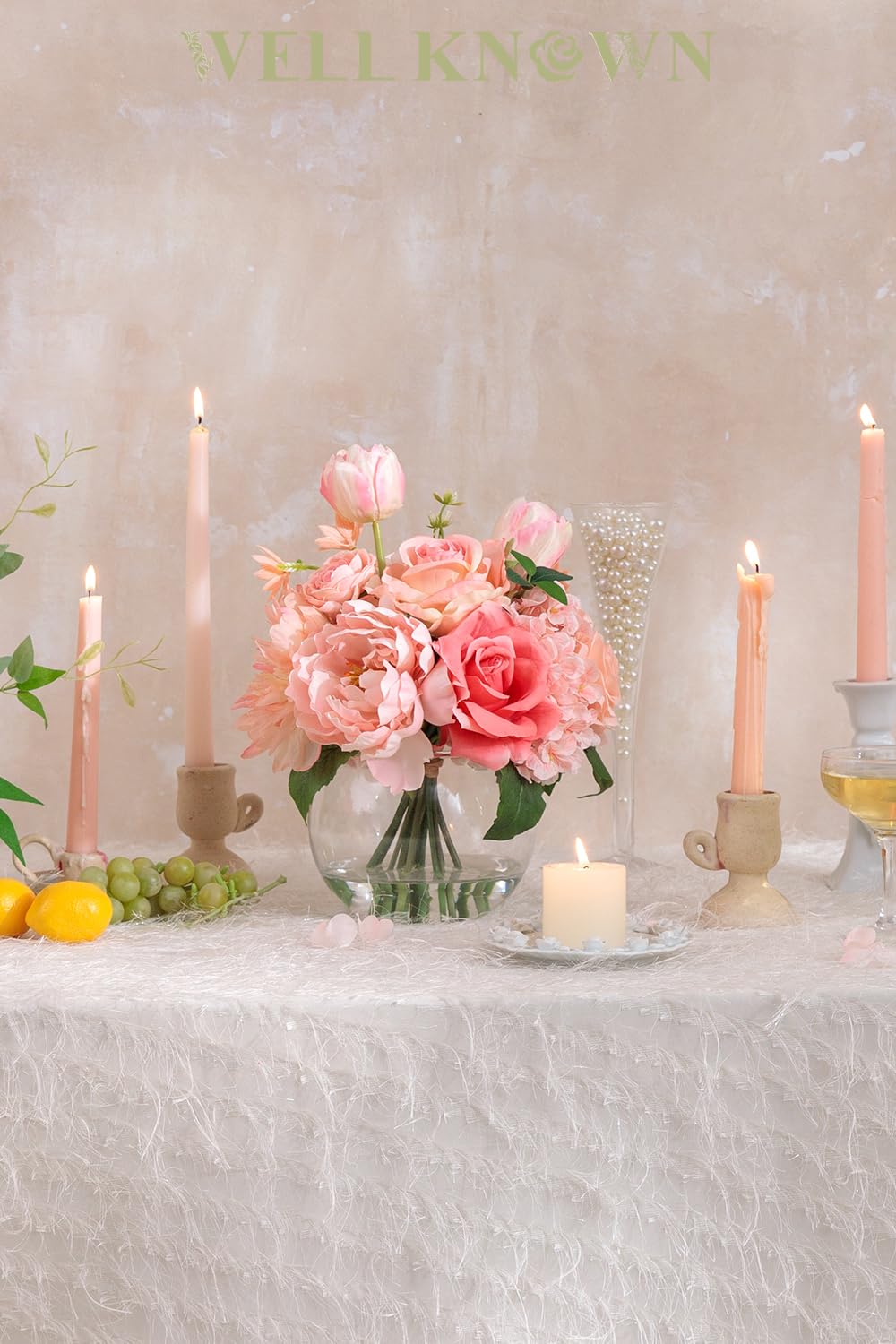 WELL KNOWN Artificial Flowers in Vase with Fake Water, Peach Pink Silk Peony Rose Tulip Spring Flower Bouquet for Home Birthday Party Wedding Dining Table Centerpieces Office Decor Mom's Gift