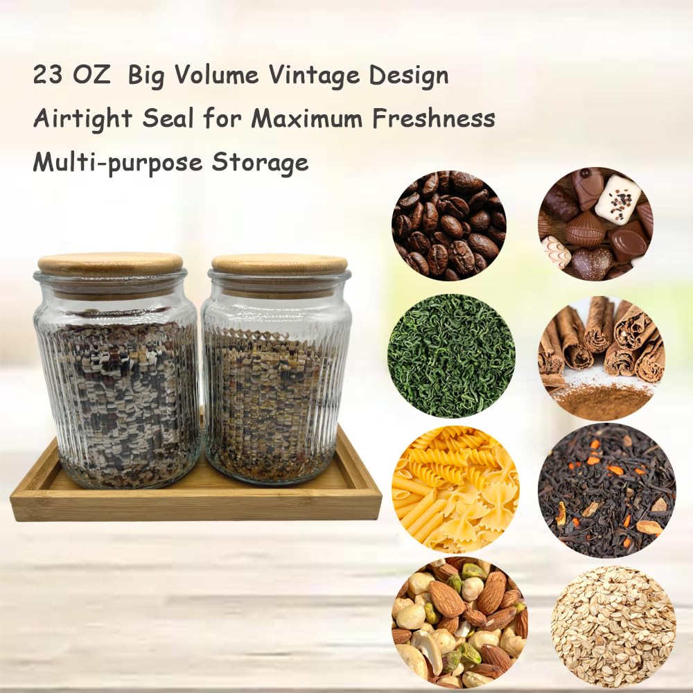 BEECO GIF2U Decorative Glass Containers Canisters with Airtight Wooden Lids 2 PACK,Food Jar for Kitchen,Bathroom Bath Salts Decor Organizers Countertop Holder with Vanity Tray (Stripe Embossed, 23oz)