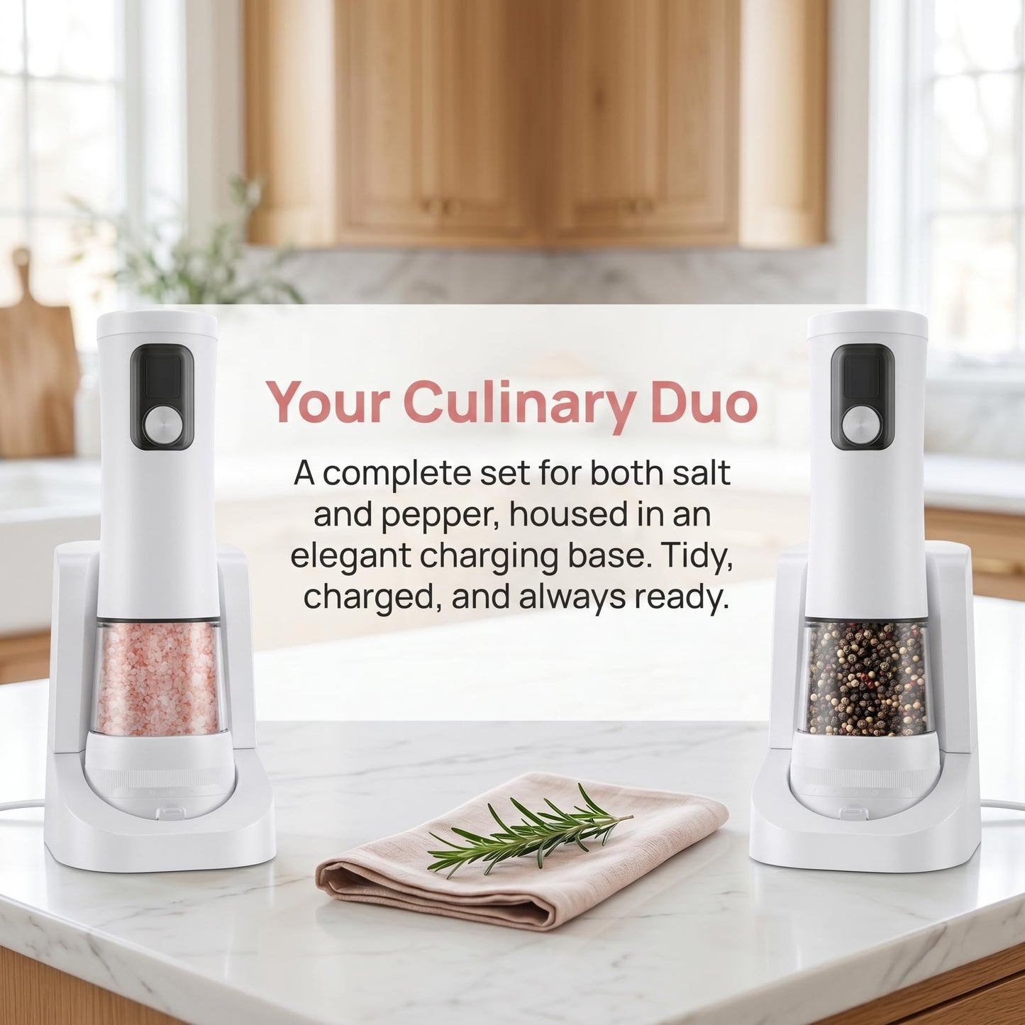 Electric Salt and Pepper Grinder Set, Rechargeable Automatic Pepper Mill with Base,Display, LED Lighting, Large Capacity-Ideal for Kitchen, BBQ Gifts (2, White(27C))