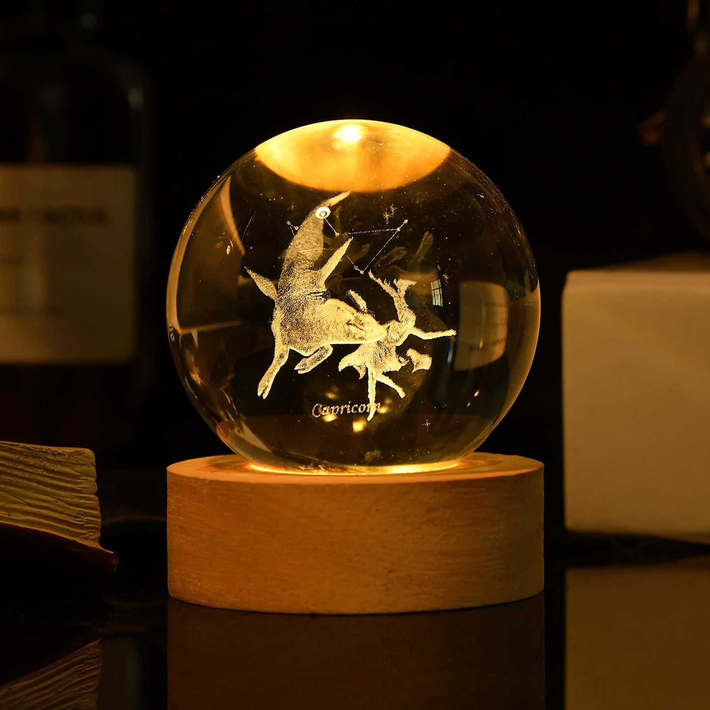 QIANCHANG Capricorn Constellation Crystal Ball with LED Light Stand, 60mm 3D Laser Etched Glass Sphere Decorative Balls, Zodiac Astrology Birthday Gifts for Women Kids