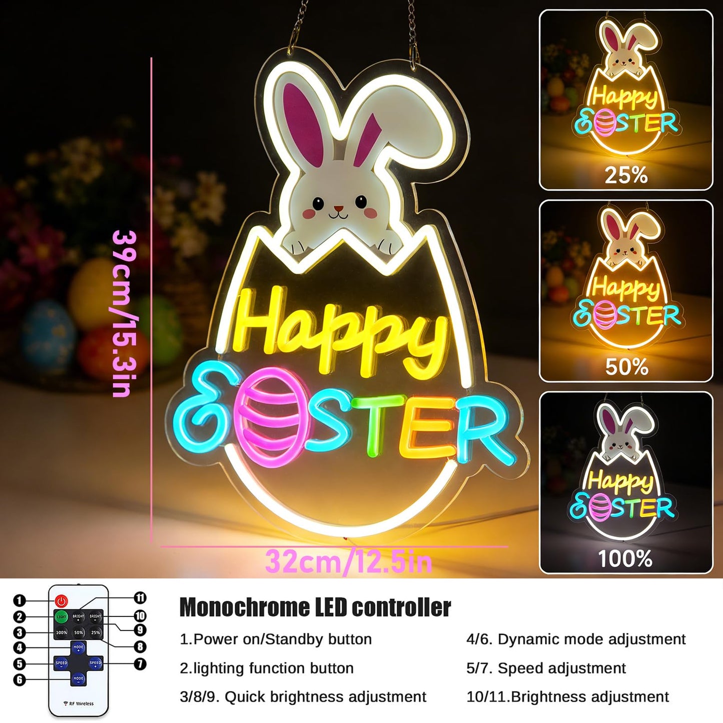 RumonZS Easter Decorations LED Neon Sign 15 In Happy Easter Neon Sign LED Rabbit Egg Window Lights Home Party Indoor Outdoor Wall Bunny Decor Light Up Sign for Bedroom Easter Birthday Party Decor