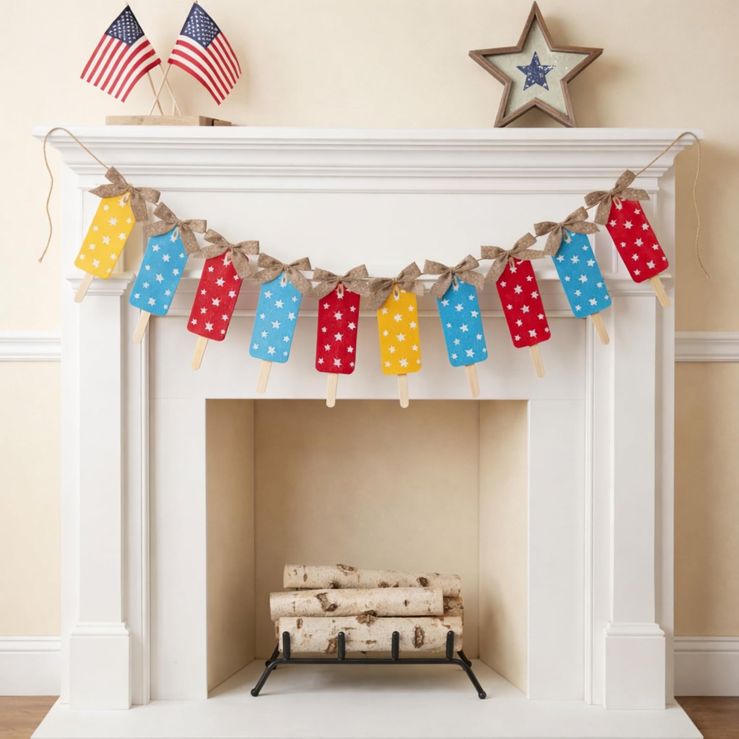 HunnmingRe Summer Patriotic Garland 10 ft 4th of July Red Blue White Yellow Banner American Summer Ice Cream Hanging Decoration for 250th Anniversary Independence Day Home Mantel Wall Party Supplies