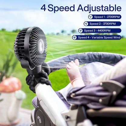 SMARTDEVIL Portable Stroller Fan, 4000mAh Small Battery Operated Baby Fan with Buckle, 4 Speeds Car Seat with Flexible Tripod, Dual 360° Rotatable, for Crib, Peloton Bike, Travel