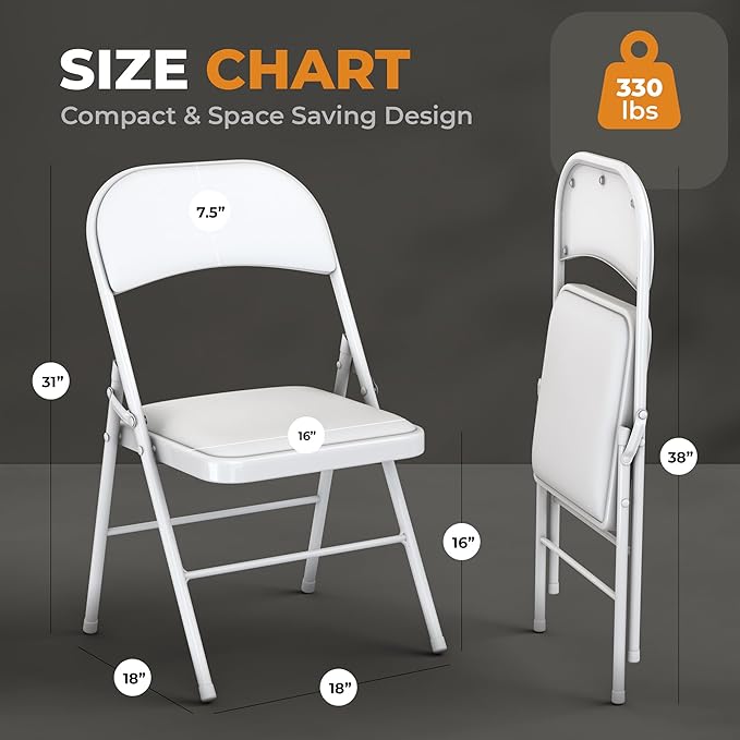 8 Pack Leather Chair | Foldable & Stackable | 350 lbs Capacity Steel Frame Seats for Indoor or Outdoor | Commercial Use Events Wedding Party Events Bulk Picnic Kitchen Dining - White