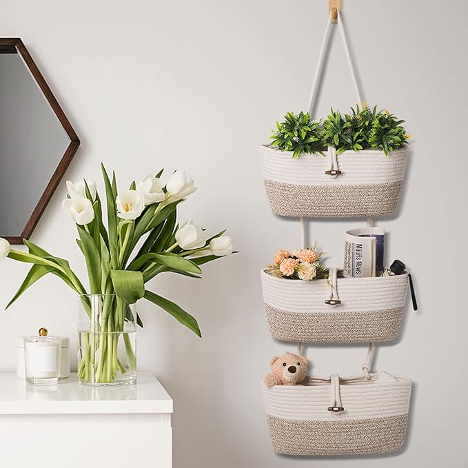 Over the Door Basket Cotton Rope Organizer, 3-Tier Wall Hanging Storage Basket