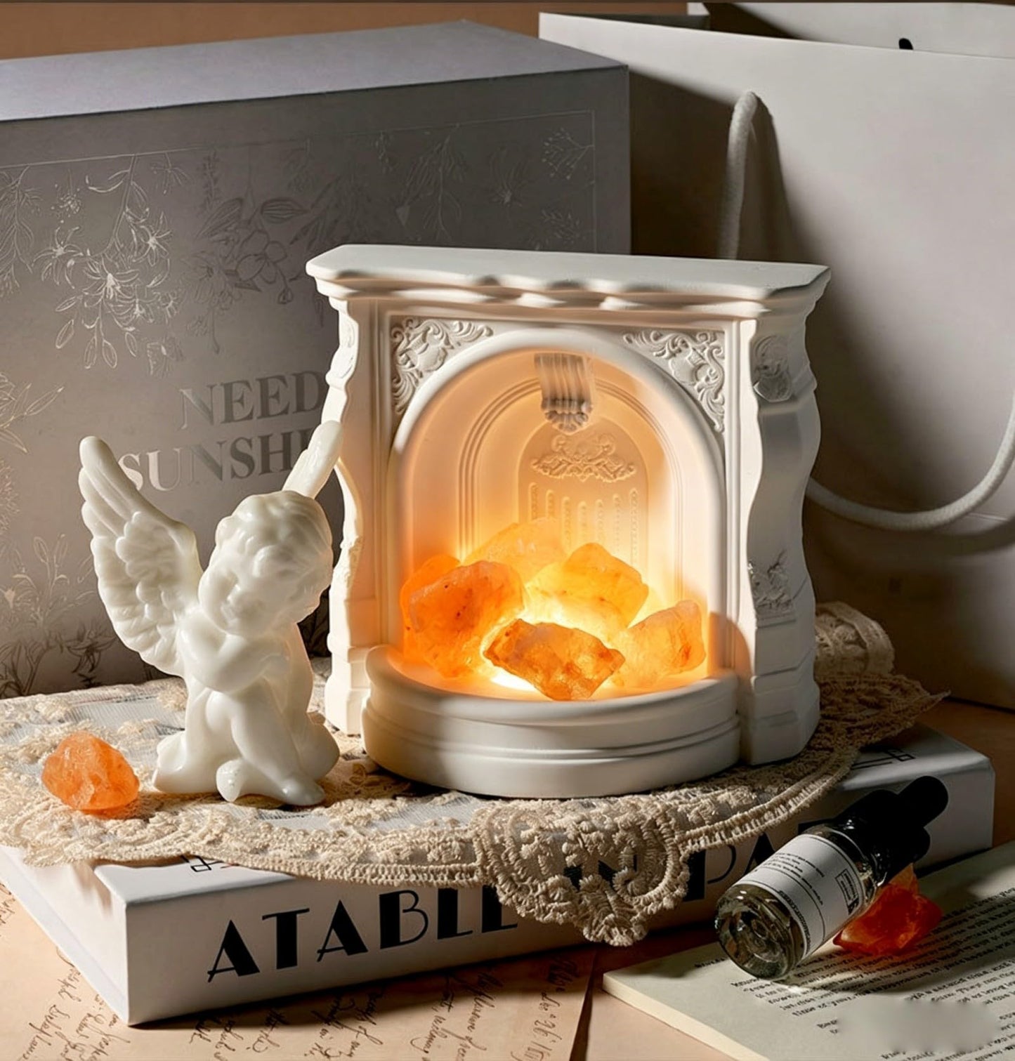 Angel Aroma Diffuser Set with Himalayan Salt & Fireplace Light, Passive Essential Oil Diffuser with White Tea Oil, Home Fragrance Decor for Bedroom, Bathroom, Office, Gift for Women