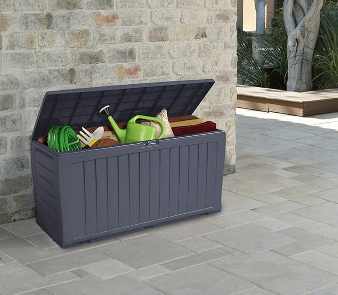 Keter Marvel Plus 71 Gallon Resin Outdoor Storage Box for Patio, Balcony & Garden – Weather‑Resistant Deck Box for Cushions, Pillows, Pool Floats & Tools, Dark Grey