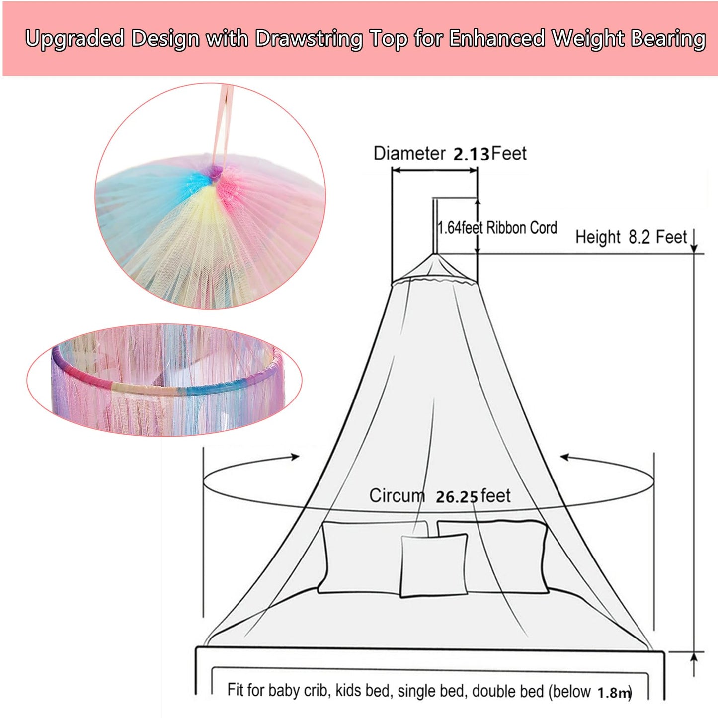 Eimilaly Princess Rainbow Bed Canopy with 250pcs Warm White Curtain Lights, Bed Canopy for Girls Room Decor or Unicorn Theme Party
