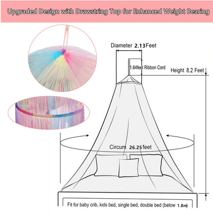 Eimilaly Princess Rainbow Bed Canopy with 250pcs Warm White Curtain Lights, Bed Canopy for Girls Room Decor or Unicorn Theme Party