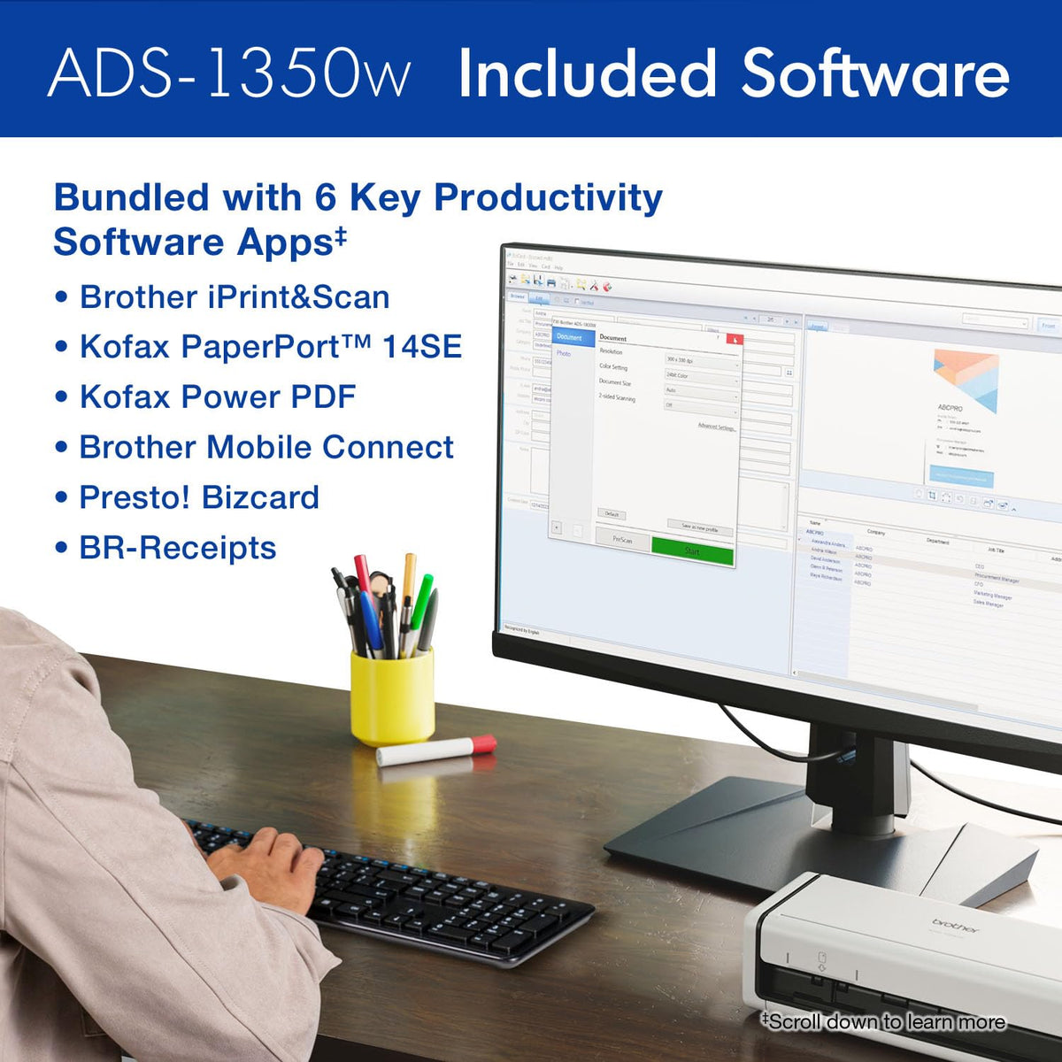 Brother ADS-1350W Wireless Compact Desktop Scanner | Scan Speeds of Up to 30ppm | Single Pass Double-Sided Scanning