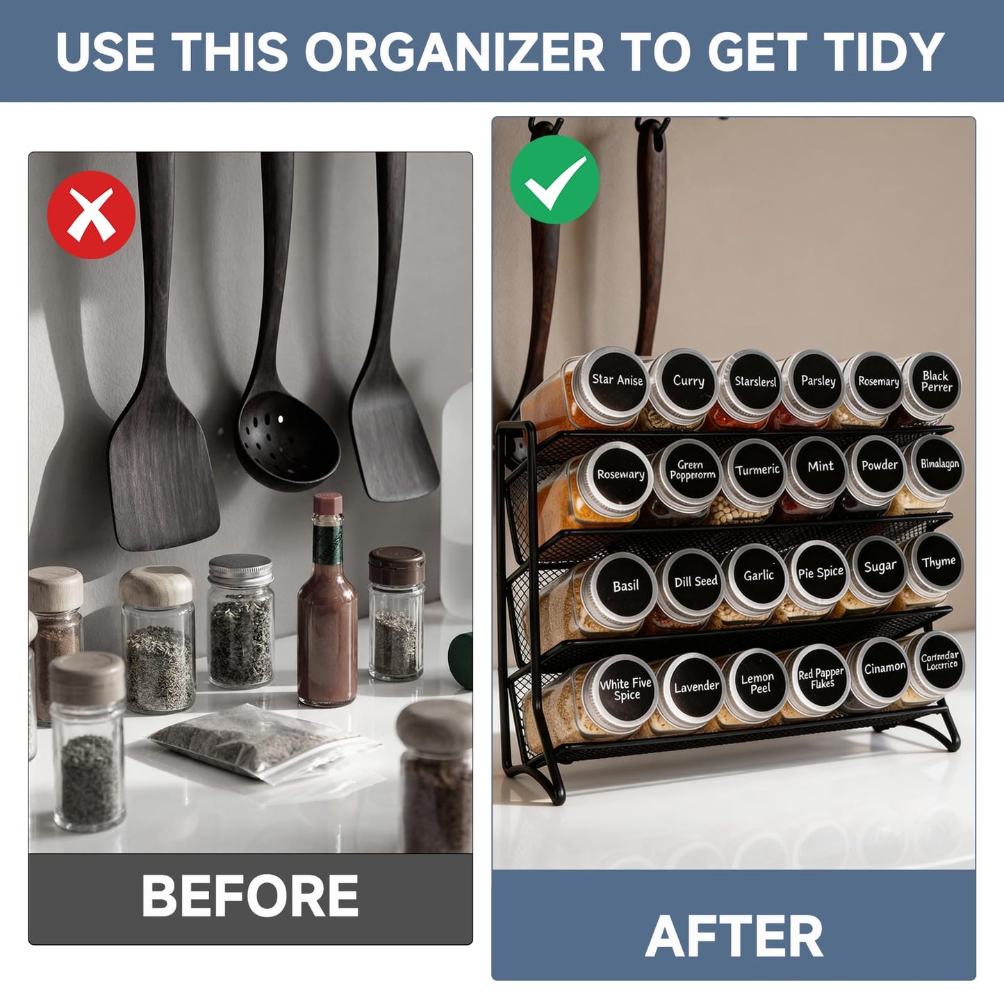 DIDITIME Spice Rack Organizer with 24 Glass Jars and 60 Labels, 4-Tier Seasoning Organizer for Cabinet, Countertop, Pantry or Wall Mount, Rust-Resistant Carbon Steel Spice Jar Set with Marker