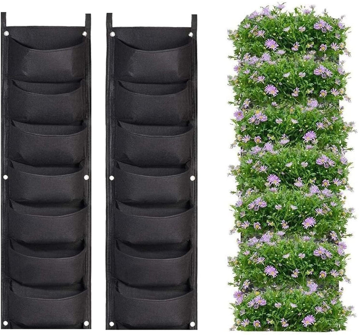 LITLANDSTAR Hanging Planter Bags, 2 Pack 7 Pocket Hanging Vertical Wall Planter Planting Grow Bags Outdoor Indoor Gardening Vertical Greening Flower Container (Black)