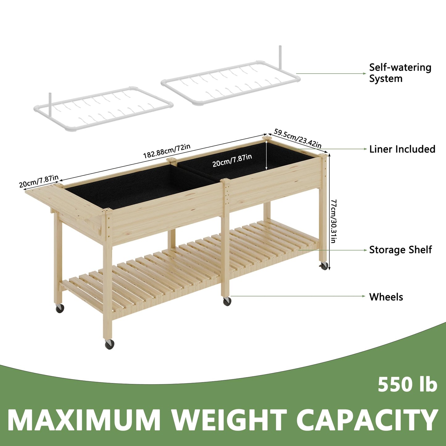 Cakhdry Raised Garden Bed with Legs and Wheels, Self-Watering System, 72x24x30in Elevated Planter Box with Storage Shelf & Liner for Flowers Vegetables Herbs, Raised Bed for Outdoor/Balcony/Patio
