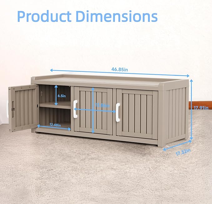 3 Doors Shoe Bench, Waterproof & UV-Resistant, Resin Shoe Cabinet Indoor & Outdoor Use, Entryway Bench with Adjustable Shelves & Hidden Storage Space for Bedroom, Hallway, Grey