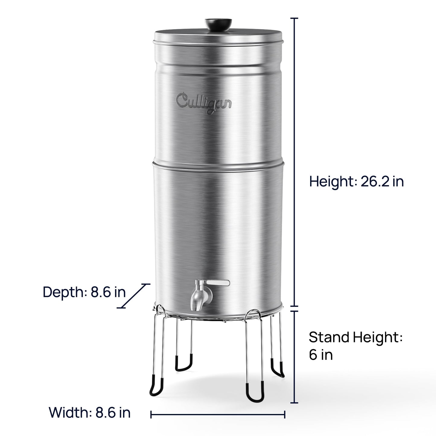 Culligan MaxClear 2.25 Gallon Gravity Water Filter System, Polished Stainless-Steel Countertop Water Filter NSF/ANSI Certified to Reduce Microplastics, Lead & Total PFAS, with 1 Ceramic Filter