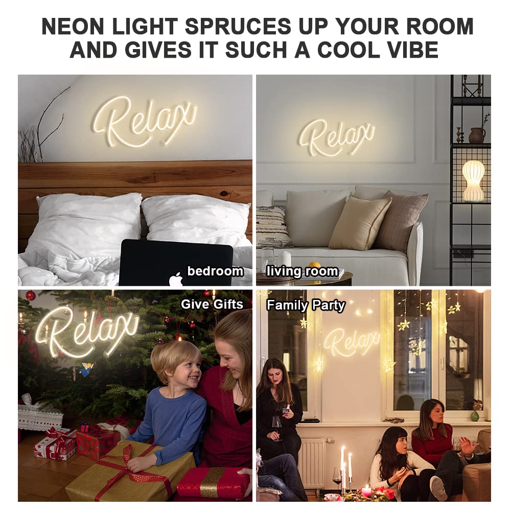 Relax Neon Sign Unique Art Ornaments with Dimmable Switch, 5V USB Powered Cool Neon Relax Signs for Wall Decor, Bedroom, Living Room, Bathroom Decoration Valentine's Day SPA Decor (Warm White)