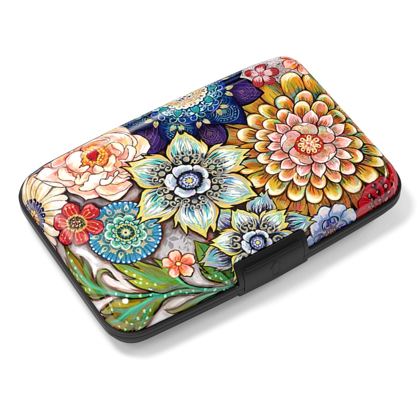 Rimilak Aluminuml Credit Card Holder, Mini Credit Card Wallet RFID Blocking Slim Metal Hard Case for Women Men, Mandala Flower