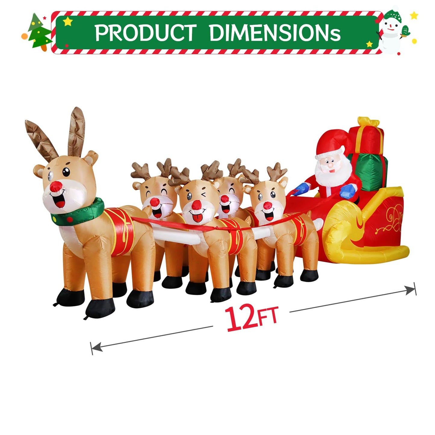 DomKom 12 FT Christmas Inflatable Outdoor Santa Claus on Sleigh with Five Reindeer, Building LED Lights, Blow Up Yard Decoration for Party Garden Lawn Winter Decor