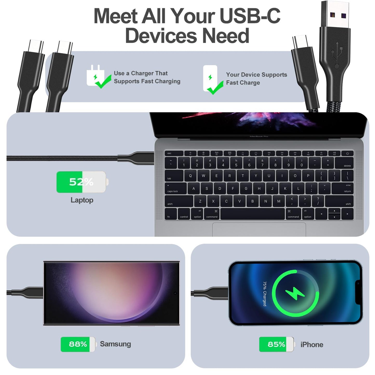 4 Pack Charging Cable 60W 3.1FT(2 Pack USB to USB C Cable and 2 Pack USB C to USB C Cable) Type C 60W Fast Charging Cable for iPhone 17 Series/16 Series/15 Series,iPad,AirPods,Watch,Samsung and More