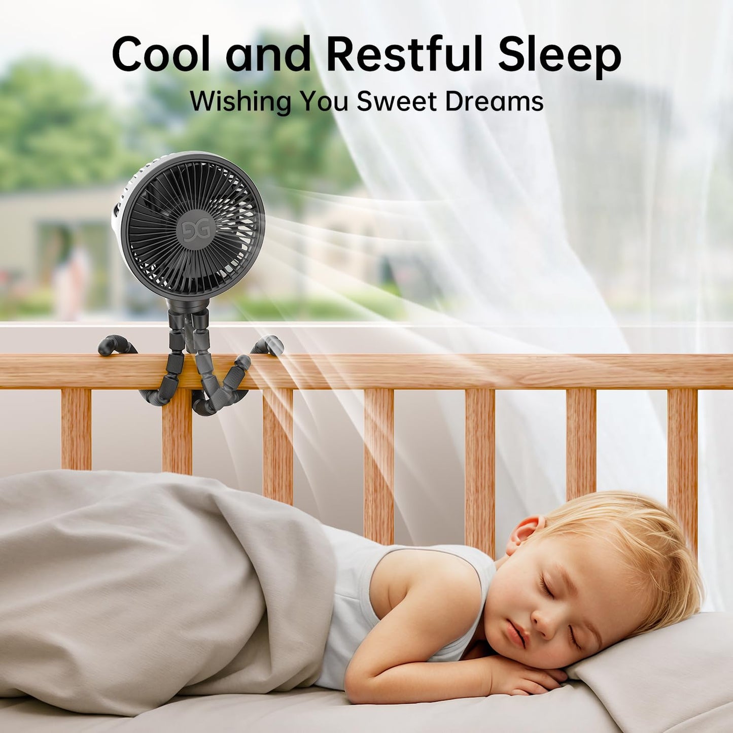 GUSGU Large Stroller Fan Clip on for Baby, Flexible Tripod & Battery Powered Pram Fan, Portable Handheld Fan for Bedroom, Car Seat, Travel, Camping, Black