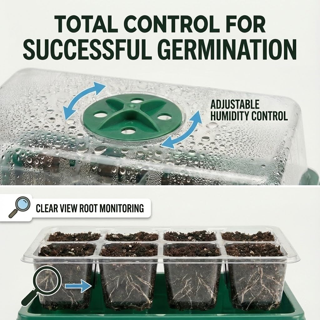 NACNO Seed Starter Kit with Grow Light, Elevated Seedling Tray Kit with Adjustable Humidity Dome and Clear Cell Tray, 12 Full Spectrum Led Beads for Seed Starting Greenhouse, 6 Pack, Green