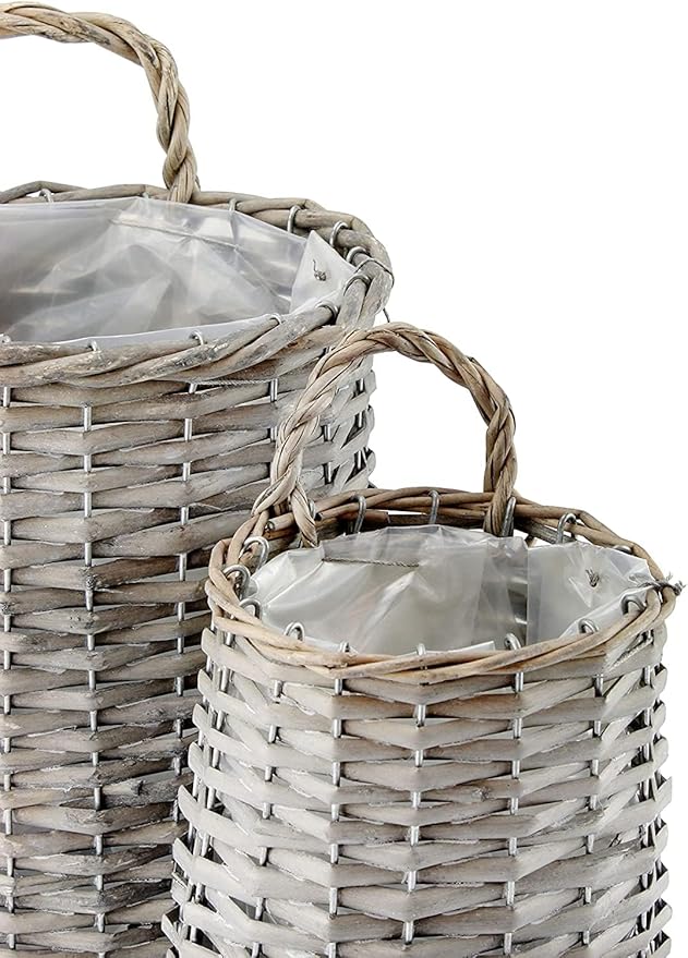 AuldHome Design Wall Hanging Baskets; Woven Wicker Rustic Farmhouse Gray Washed