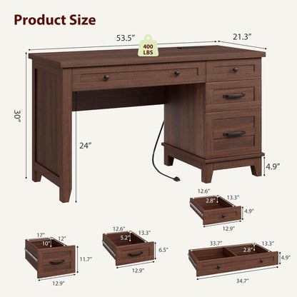 Garvee 53.5" Wooden Home Office Desk with File Drawers, Executive Desk with Power Outlet, Farmhouse Wood Desk with Storage, Distressed Study and Work Table, Rustic Brown