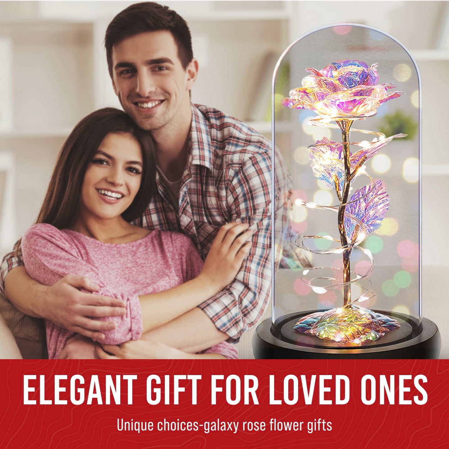 Enchanted Galaxy Rose in Glass Dome, Eternal Rainbow Rose Flower Lamp with Black Base, Unique Romantic Gifts, Girlfriend, Wife, Mother on Birthday & Anniversary, Home Decor Night Light Gift for Women