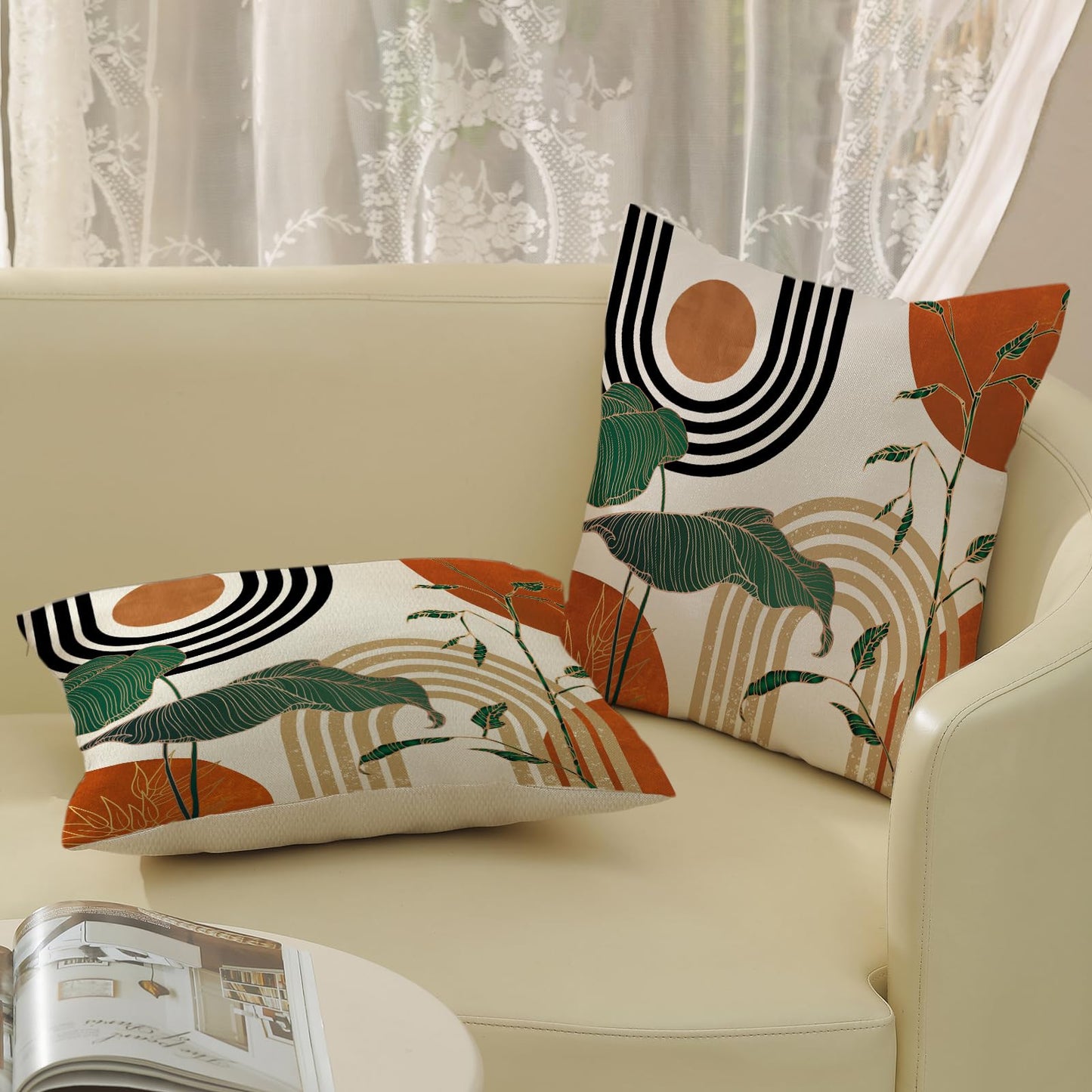 JEFERSO Boho Orange Pillow Covers 18x18 Set of 2 Gold Green Leaf Tropical Mid Century Throw Pillows Outdoor Bohemian Abstract Modern Decorative Pillowcase Farmhouse Cushion Case for Couch Sofa Decor