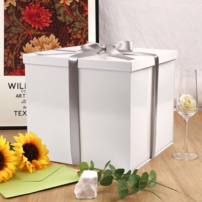 UoeRing Glossy White Large Gift Box 1Pcs 12x12x11 Inch,Gift Box with Lid for Presents Birthdays,Christmas Valentine's Day,Mother's Day, with Ribbon Card Envelope Shredded Paper Fill