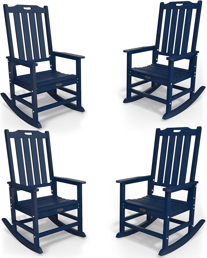 Oversized Rocking Chair Set of 4, Outdoor Rocking Chair for Adults, All Weather Resistant Porch Rocker for Lawn Garden, Navy Blue