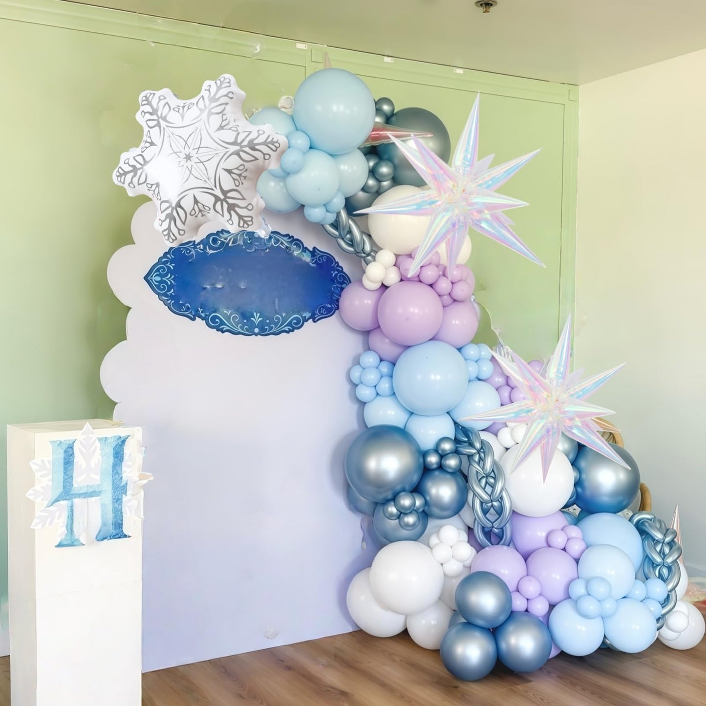 Winter Balloon Arch Garland Kit, Baby Pastel Metallic Blue Light Purple White Latex Balloons with Snowflake Exploding Star Foil Balloon for Winter Wonderland Xmas Ice Snow Birthday Party Decorations