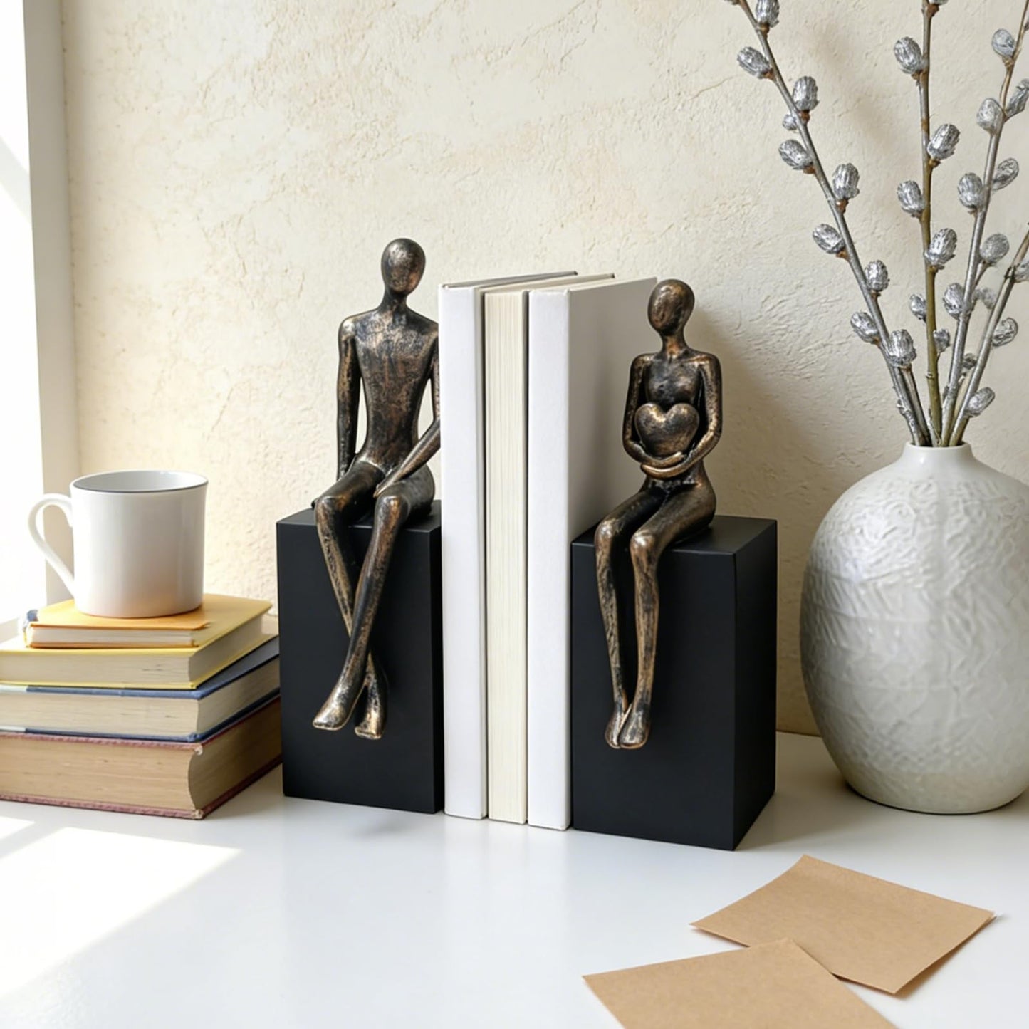 Heavy Duty Book Ends for Shelves,Iron Decorative Bookends,Reading Couple Figurine Bookends for Shelves,Non-Slip Book Holder, Modern Creative Office Company Bookends Ornament Decorations